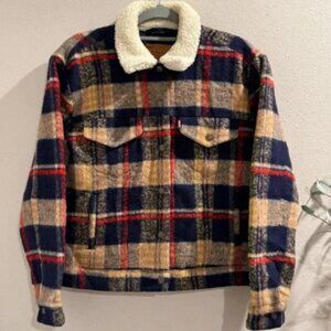 Levi’s Plaid Tweed Wool Blend Trucker Jacket Sherpa Snap Buttons Size Small EUC